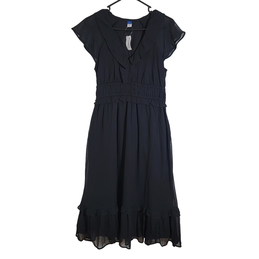 Old Navy Ruffle Chiffon Black Midi Dress Small Cotton Lined 753125 NWT - Picture 3 of 15